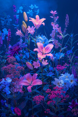 Vibrant Nighttime Garden with Luminescent Flowers Under Blue Lights