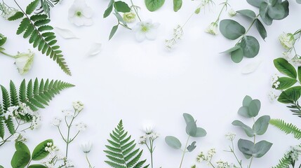 Poster - Floral composition with copy space in center Green leaves of eucalyptus fern and white flowers on white background Aromatherapy concept Natural pharmacy concept Flat lay top view : Generative AI