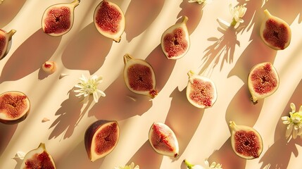 Poster - Creative layout made of figs exotic flowers on the beige background Flat lay Food concept : Generative AI