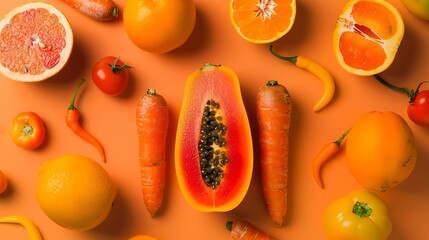 Aufkleber - Creative layout made of carrot papaya orange grapefruit apricot melon tangerine  curcuma and pepper on the orange background Flat lay Food concept Macro  concept : Generative AI