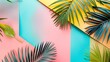 © Generative AI - Tropical bright colorful background with exotic painted tropical palm leaves Minimal fashion summer concept Flat lay : Generative AI