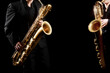 Saxophone player. Saxophonist jazz band playing baritone sax