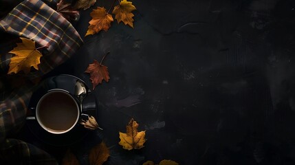Wall Mural - Autumn composition Cup of coffee plaid autumn leaves on black background Flat lay top view copy space : Generative AI