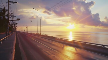 Poster - highway landscape at colorful sunset traveling on the holiday road in summer Nature scenery on ocean beach Road landscape on beach Stunning sea with summer vacation seascape with beaut : Generative AI