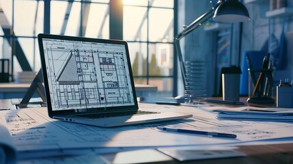 Aufkleber - Digital blueprint by architecture design software on laptop screen with documents and blueprint layout on office table seamless integration of technology and traditional drafting metho : Generative AI