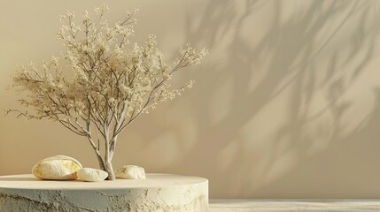 Poster - Composition empty podium material tree stone dry flowers Product presentation Background beige green Beautiful background from natural materials : Generative AI