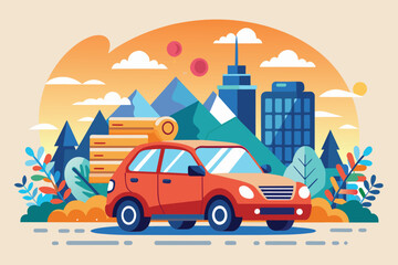 Wall Mural - A red car drives down a street flanked by a tall building, showcasing urban transportation, Car rental Customizable Disproportionate Illustration