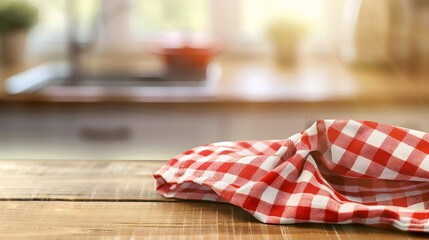 Poster - Checkered towel on wooden table Food design layout TPicnic towel on kitchen tabletop : Generative AI