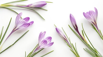 Poster - Crocus spring flowers Lilac crocuses on stem with leaves creative layout isolated on white background Springtime themes Top view flat lay Design element : Generative AI