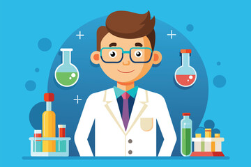 Poster - A man in a lab coat examining laboratory equipment in a research facility, Chemist Customizable Cartoon Illustration