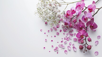 Poster - Orchid flowers and gypsophila bouquet creative layout Flower composition isolated on white background Holiday and happy mothers day concept Design element Flat lay top view : Generative AI