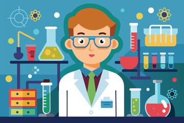 Poster - A man in a lab coat and glasses conducting scientific experiments in a laboratory setting, Chemist Customizable Disproportionate Illustration