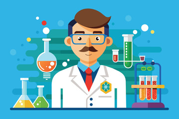 Poster - A man in a lab coat examines a shelf filled with test tubes in a laboratory setting, Chemist Customizable Flat Illustration