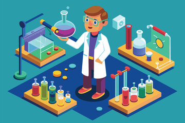 Poster - A chemist in a lab coat is holding a flask, Chemist Customizable Isometric Illustration