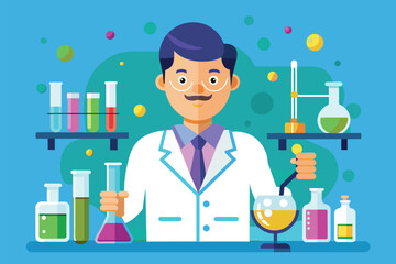 Poster - A man in a lab coat holding a beaker in a scientific laboratory setting, Chemist Customizable Flat Illustration