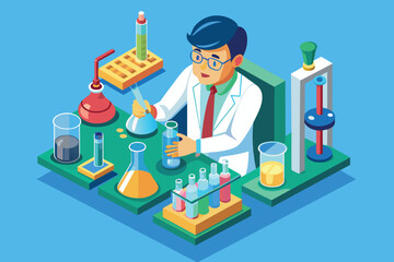 Poster - A man in a lab coat conducts a science experiment in a laboratory setting, Chemist Customizable Isometric Illustration