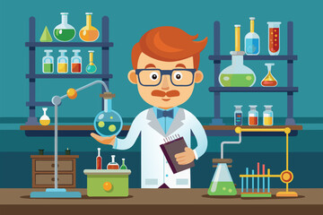 Poster - A man in a lab setting holding a book, likely studying or researching, Chemistry lab Customizable Cartoon Illustration