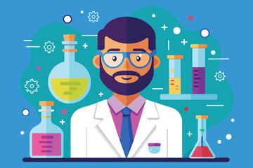 Poster - A man wearing glasses and a beard stands in a lab coat, Chemist Customizable Semi Flat Illustration