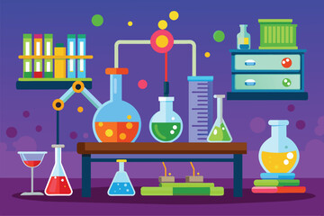 Poster - An illustration of a chemistry lab table covered with various flasks filled with different colored liquids, Chemistry lab Customizable Cartoon Illustration
