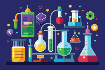 Sticker - Various differently colored flasks arranged on a blue background, Chemistry lab Customizable Disproportionate Illustration