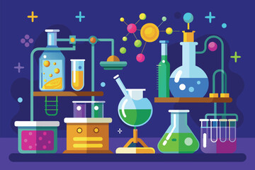 Poster - A variety of flasks displayed on a purple background in a chemistry lab setting, Chemistry lab Customizable Semi Flat Illustration