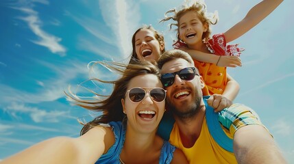 Wall Mural - Group of happy smiling friends man women and kids having fun outdoors against blue sky background Summer vacations concept : Generative AI