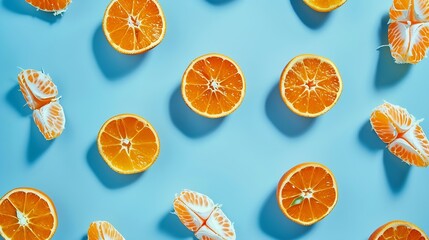 Poster - Fruit pattern of fresh mandarin slices on blue background Flat lay top view Pop art design creative summer concept Half of citrus in minimal style Tangerine : Generative AI