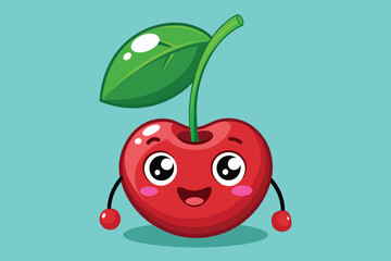 Canvas Print - Cartoon cherry fruit with a green leaf on top, Cherry Customizable Cartoon Illustration