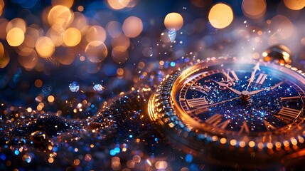 Poster - captivating golden clock with sparkling new year s eve bokeh background