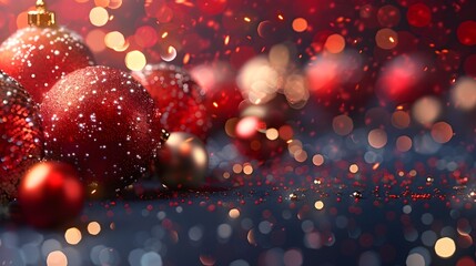 Poster - Sparkling Red Christmas Ornaments and Bokeh Lights Festive Background for Happy New Year