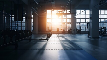 Aufkleber - Empty gym and interior space or dark room with window and light flare for exercise training and fitness workout No people sports club and floor layout of exercising venue facility and  : Generative AI