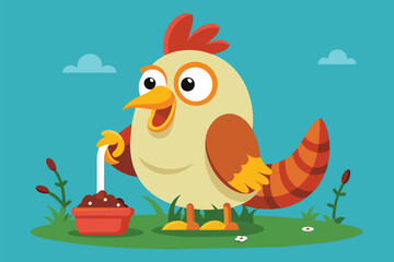 Wall Mural - Cartoon chicken standing on top of a grassy field, Chicken eating a worm Customizable Flat Illustration