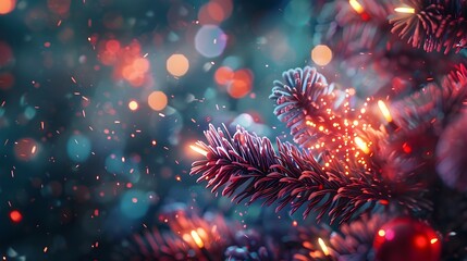 Fototapete - Radiant Wintertime Glittering Christmas Pine Branches with Vibrant Lights and Bokeh Backdrop for Joyous 2025 New Year