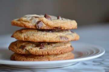 Sticker - Stack of freshly baked chocolate chip cookies on a white plate, with a soft focus background