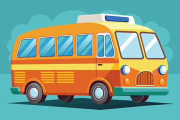 Poster - A city bus with a vibrant orange color stands out against a clear blue sky, City bus Customizable Cartoon Illustration