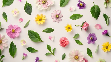 Poster - Creative layout made of colorful spring flowers and green leaves  Minimal holiday concept Flat lay pattern : Generative AI
