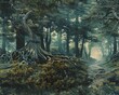 © panyawatt - Craft a traditional oil painting with a tilted perspective showcasing a hauntingly beautiful forest scene