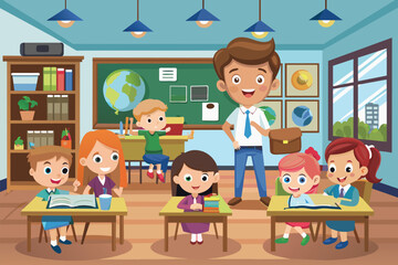 Poster - A man is standing in front of a classroom full of kids who are attentively listening to him, Classroom Customizable Cartoon Illustration
