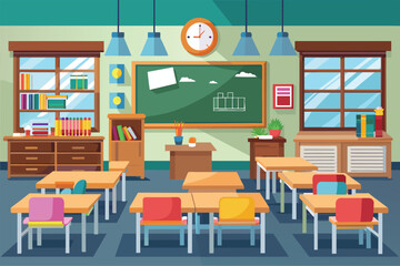 Poster - Typical classroom setting with student desks arranged neatly and a chalkboard at the front, Classroom Customizable Disproportionate Illustration