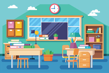 Poster - A classroom setting with desks, bookshelves, and a clock on the wall, Classroom Customizable Flat Illustration