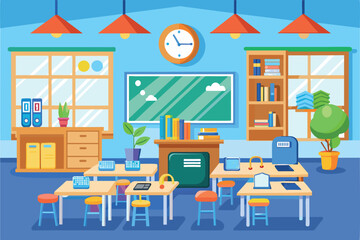 Poster - A classroom setting with rows of desks and chairs, with a clock hanging on the wall, Classroom Customizable Flat Illustration