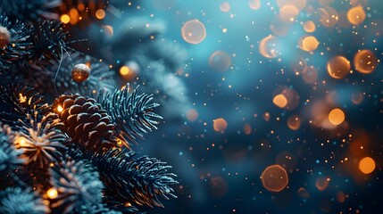 Poster - Festive Winter Wonderland with Glowing Pine Branches and Sparkling Bokeh