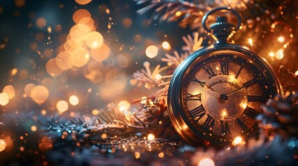 Aufkleber - Elegant Midnight with Glowing Vintage Pocket Watch and Twinkling Fireworks in Winter Wonderland Background
