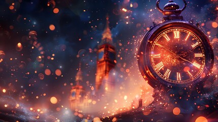 Aufkleber - Dazzling Midnight with Shimmering Fireworks and Glittering Clock in Starry Night Sky