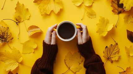 Poster - Autumn composition with womans hands cup of hot aromatic coffee and autumn yellow leaves Flatlay Top view Selective focus : Generative AI