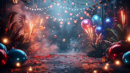 Poster - Dazzling Fireworks and Festive Adornments Usher in the New Year 2025 on a Tropical Beach Backdrop