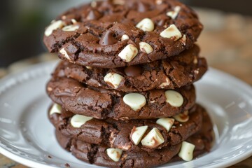 Poster - Stack of rich chocolate cookies dotted with creamy white chocolate chips on a plate