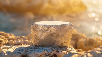 Poster - Stone pedestal in sand and sea landscape Free space for your decoration : Generative AI