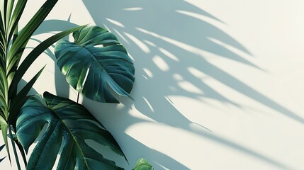 Poster - Tropical leaves is placed on a white canvas with part of the leaf layout and copy space : Generative AI