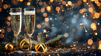 Poster - Sparkling Champagne Flutes and Festive Glitter Backdrop Celebrating the New Year 2025